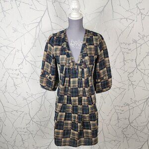 Naf Naf Beige Plaid Cotton Pleated Front V-Neck Tunic Dress